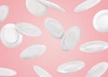 Many white plates falling on pastel pink background