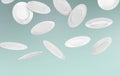 Many white plates falling on pastel teal background