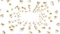 Flying many popcorns on white background. White salty popcorn. Healthy food. Corn seed. 3D loop animation of popcorn rotating.