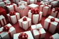 Many white and red gift boxes with bows, Christmas sale concept, generative AI Royalty Free Stock Photo