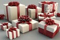 Many white and red gift boxes with bows, Christmas sale concept, generative AI Royalty Free Stock Photo