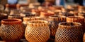 Many Wicker Baskets on Handicraft Market, New Wickerwork, Hand Made Basket, Bamboo Containers Royalty Free Stock Photo