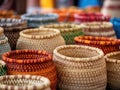 Many Wicker Baskets on Handicraft Market, New Wickerwork, Hand Made Basket, Bamboo Containers Royalty Free Stock Photo