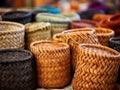 Many Wicker Baskets on Handicraft Market, New Wickerwork, Hand Made Basket, Bamboo Containers Royalty Free Stock Photo