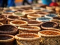 Many Wicker Baskets on Handicraft Market, New Wickerwork, Hand Made Basket, Bamboo Containers Royalty Free Stock Photo