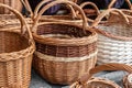 Many Wicker Baskets on Handicraft Market, New Wickerwork, Hand Made Basket, Bamboo Containers Royalty Free Stock Photo