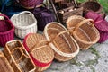 Many Wicker Baskets on Handicraft Market, New Wickerwork, Hand Made Basket, Bamboo Containers Royalty Free Stock Photo