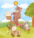 Many wildlife animals in garden . Bear ride bicycle and rabbit on basket . Raccoon and deer are walking on grass . Realistic Royalty Free Stock Photo