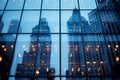 many windows with city buildings reflecting them in the glass panes Royalty Free Stock Photo