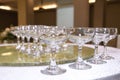 Many wine glasses arranged and aligned neatly in rows Royalty Free Stock Photo