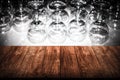 Many wine glasses. View from wooden table. Collage. Toned Royalty Free Stock Photo