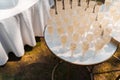 Many wine glasses on the white table. Catering for business people and wedding ceremony. Welcome drink zone with Royalty Free Stock Photo