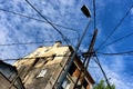 Many wires to a pole in the city Royalty Free Stock Photo