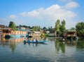 Many wooden boats on the Dal Lake by boat in Srinagar, India