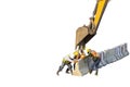 Many workers wear safety suits helped to lift and arrange the cement concrete barriers by excavator In harmony and actively