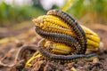 Many Worms Eats Corn Cobs on Corn Field, Hungry Caterpillars Eats Corn Cob, Fall Armyworm Royalty Free Stock Photo