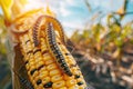 Many Worms Eats Corn Cobs on Corn Field, Hungry Caterpillars Eats Corn Cob, Fall Armyworm Royalty Free Stock Photo