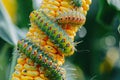 Many Worms Eats Corn Cobs on Corn Field, Hungry Caterpillars Eats Corn Cob, Fall Armyworm Royalty Free Stock Photo