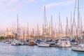 Many yachts with rows of masts without sails in the port of Barcelona, Spain Royalty Free Stock Photo