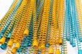 Many Yellow and blue metal coil spring equipment part of appliance machine in manufacturing process or automotive or different Royalty Free Stock Photo