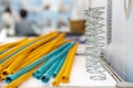 Many Yellow and blue metal coil spring equipment part of appliance machine in manufacturing process or automotive or different Royalty Free Stock Photo