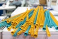 Many Yellow and blue metal coil spring equipment part of appliance machine in manufacturing process or automotive or different Royalty Free Stock Photo