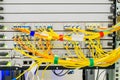 Many yellow optical wires are connected to the central router in the data center server room. Powerful network equipment of a Royalty Free Stock Photo