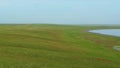 Manych lake and field of blooming tulips from above