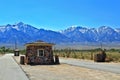 Manzanar Japanese Relocation Center National Historic Site with Guard Houses and Sierra Nevada, Eastern California Royalty Free Stock Photo