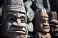 maori carved stone figures in close view