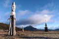 Maori statues on Mount Hikurangi, New Zealand, North island, Maori carvings, sunset