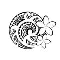 Maori style tattoo. Fish hook. Bone matau. Hei matau. Ethnic decorative oriental ornament with Frangipani Plumeria flowers.