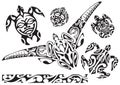 Maori turtle tattoo flash set. Set of labels and elements. Vector set illustration template tattoo.