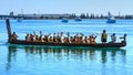 A Maori waka, a large ceremonial canoe, in the harbour Royalty Free Stock Photo