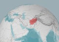 Map of Afghanistan on a planisphere, mountain reliefs and sea bathymetry. Physical borders