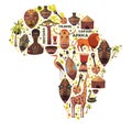 Map of Africa with vector icons. Masks, music, animals, people. Safari, travel and adventure. Explore new world. Royalty Free Stock Photo