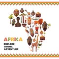 Map of Africa with vector icons. Masks, music, animals, people. Safari, travel and adventure. Explore new world.