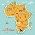 Map of Africa with wild animals and plants. Travel icons. Royalty Free Stock Photo