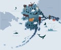 Map of Alaska with animals, eskimos, forests, mountains, hunters, boats, fish and fishermen