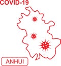 Map of Anhui labeled COVID-19. White outline map on a red background.