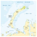 Map of the archipelago Nova Zemlya in the Arctic Ocean in northern Russia