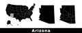 Map of Arizona state, USA. Set of Arizona maps with outline border, counties and US states map. Black and white color Royalty Free Stock Photo