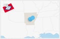 Map of Arkansas with a pinned blue pin. Pinned flag of Arkansas