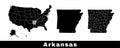 Map of Arkansas state, USA. Set of Arkansas maps with outline border, counties and US states map. Black and white color Royalty Free Stock Photo
