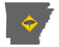 Map of Arkansas and traffic sign tornado warning