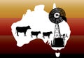 map of Australia with cows and windmill silhouette with orange and yellow background