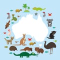 Map of Australia. Echidna Platypus ostrich Emu Tasmanian devil Cockatoo parrot Wombat snake turtle crocodile kangaroo dingo Royalty Free Stock Photo