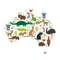 Map of Australia. Echidna Platypus ostrich Emu Tasmanian devil Cockatoo parrot Wombat snake turtle crocodile kangaroo dingo Royalty Free Stock Photo