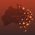 map of Australia with fire symbols bushfires seasonal wildfires global warming natural disaster concept orange flames
