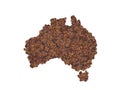 Map of Australia made with coffee beans on a white isolated background. Export, production, supply, agricultural or health concept Royalty Free Stock Photo